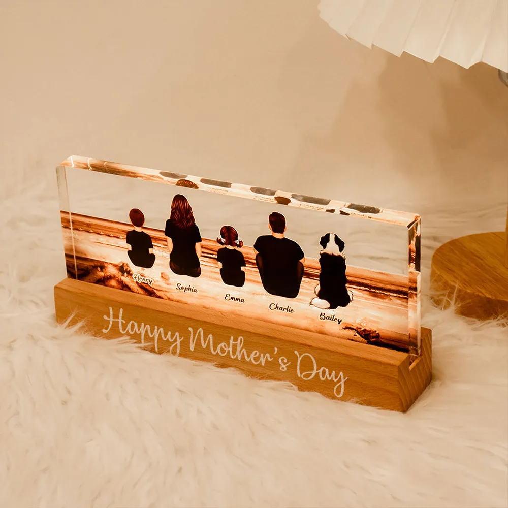 Family Sitting Back View Retro Vintage Beach Landscape - Personalized Acrylic LED Night Light - Gift For Family Members, Mom and Dad