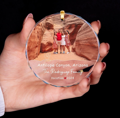 Custom Photo Family Vacation Keepsake - Personalized Circle Glass Ornament - Christmas Gift for Family Members
