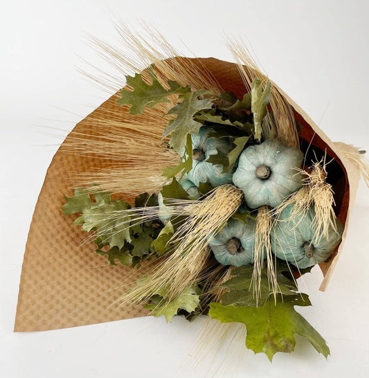 Farmhouse Aqua Pumpkin Harvest Bouquet – Rustic Fall Autumn Décor Arrangement