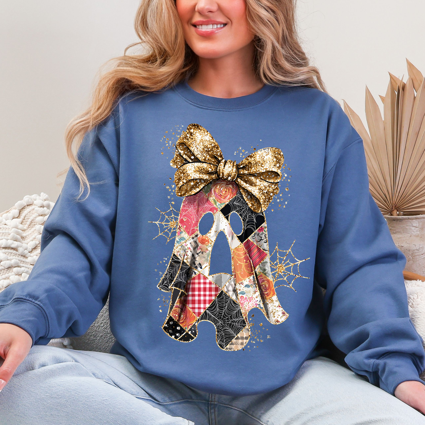 Faux Glitter Patchwork Ghost Shirt, Patchwork Ghost, Glitter Ghost, Retro Halloween, Spooky Season, Coquette Ghost, Halloween Sweatshirt