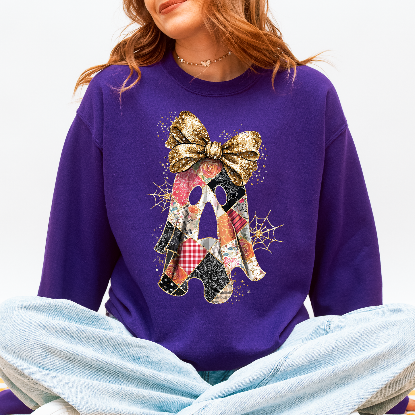 Faux Glitter Patchwork Ghost Shirt, Patchwork Ghost, Glitter Ghost, Retro Halloween, Spooky Season, Coquette Ghost, Halloween Sweatshirt