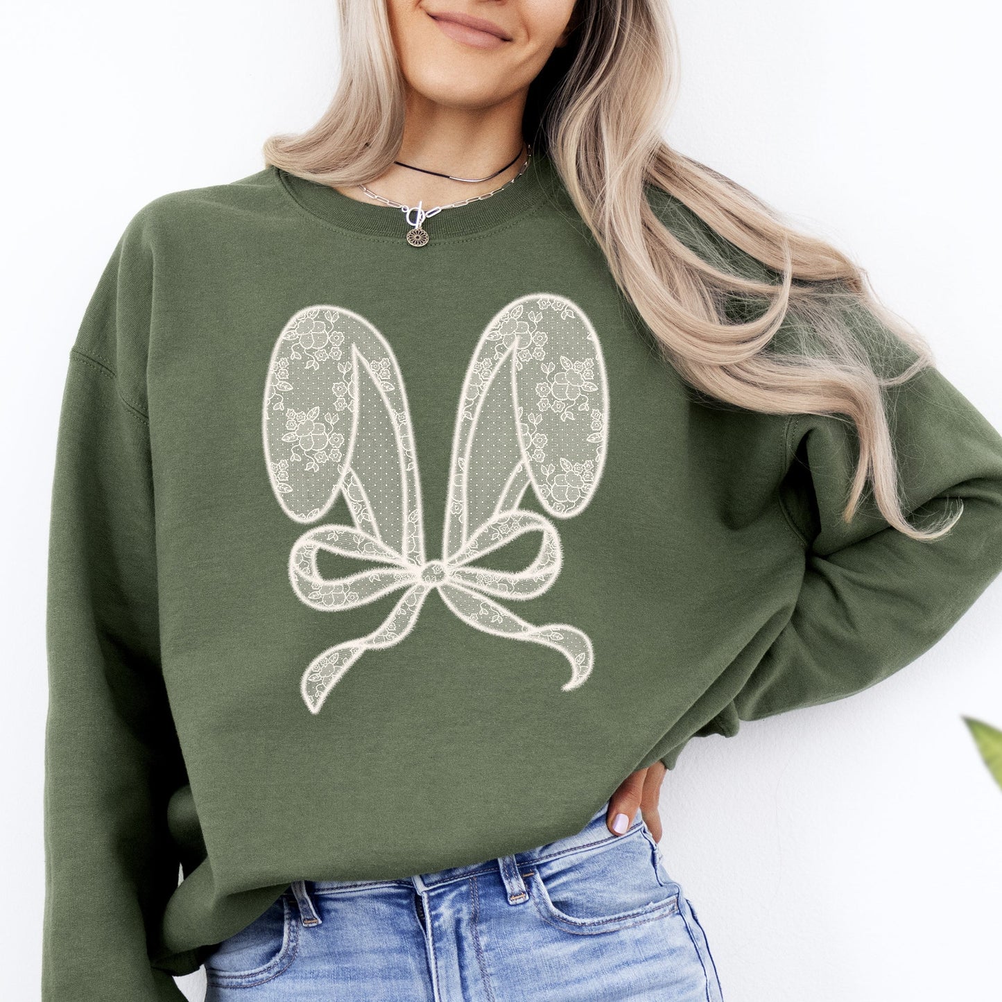Faux Lace Bunny Ears, Coquette, Easter, Bunny, Jesus, Rabbit, Holiday Sweatshirt