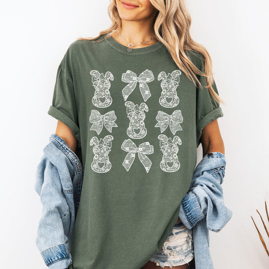 Faux Lace Bunny, Coquette, Bow, Ribbons, Easter, Bunny, Jesus, Rabbit, Holiday Tshirt Comfort Colors T-Shirt