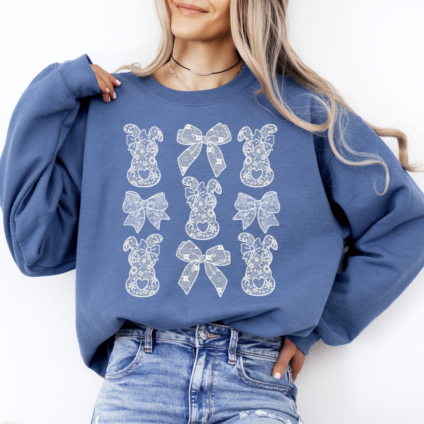 Faux Lace Bunny, Coquette, Bow, Ribbons, Easter, Bunny, Jesus, Rabbit, Holiday Sweatshirt