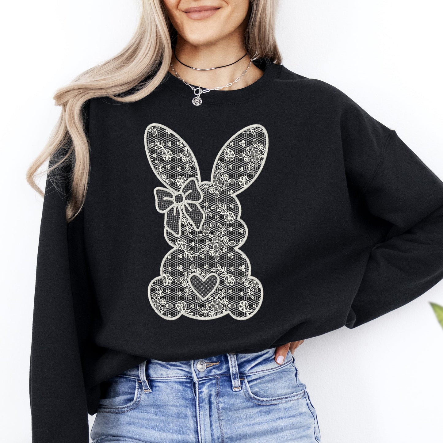 Faux Lace Bunny, Coquette, Easter, Bunny, Jesus, Rabbit, Holiday Sweatshirt