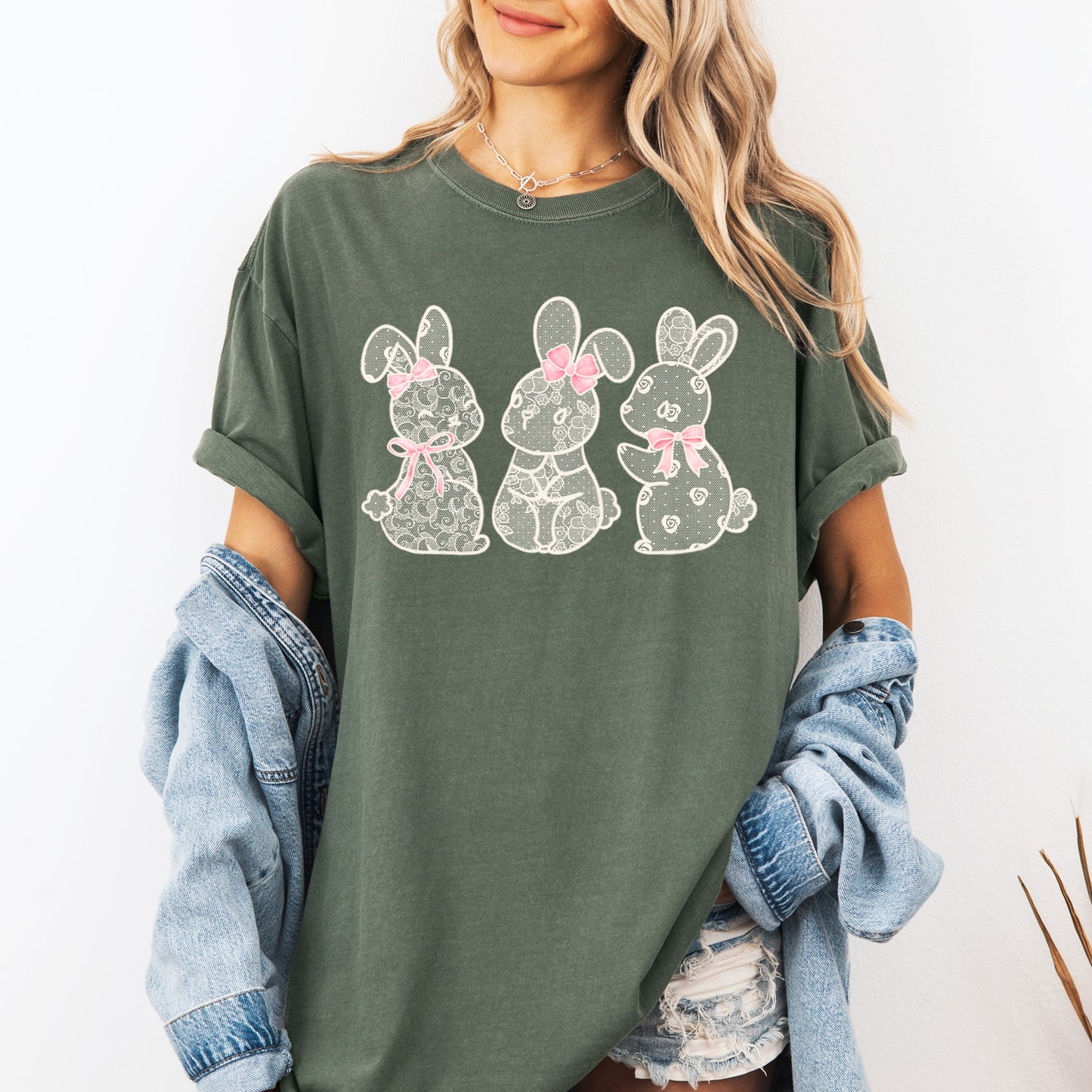 Faux Lace Bunny, Coquette, Ribbons, In A Row, Easter, Bunny, Jesus, Rabbit, Holiday Tshirt Comfort Colors T-Shirt