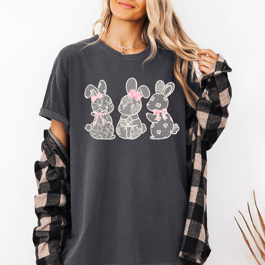 Faux Lace Bunny, Coquette, Ribbons, In A Row, Easter, Bunny, Jesus, Rabbit, Holiday Tshirt Comfort Colors T-Shirt