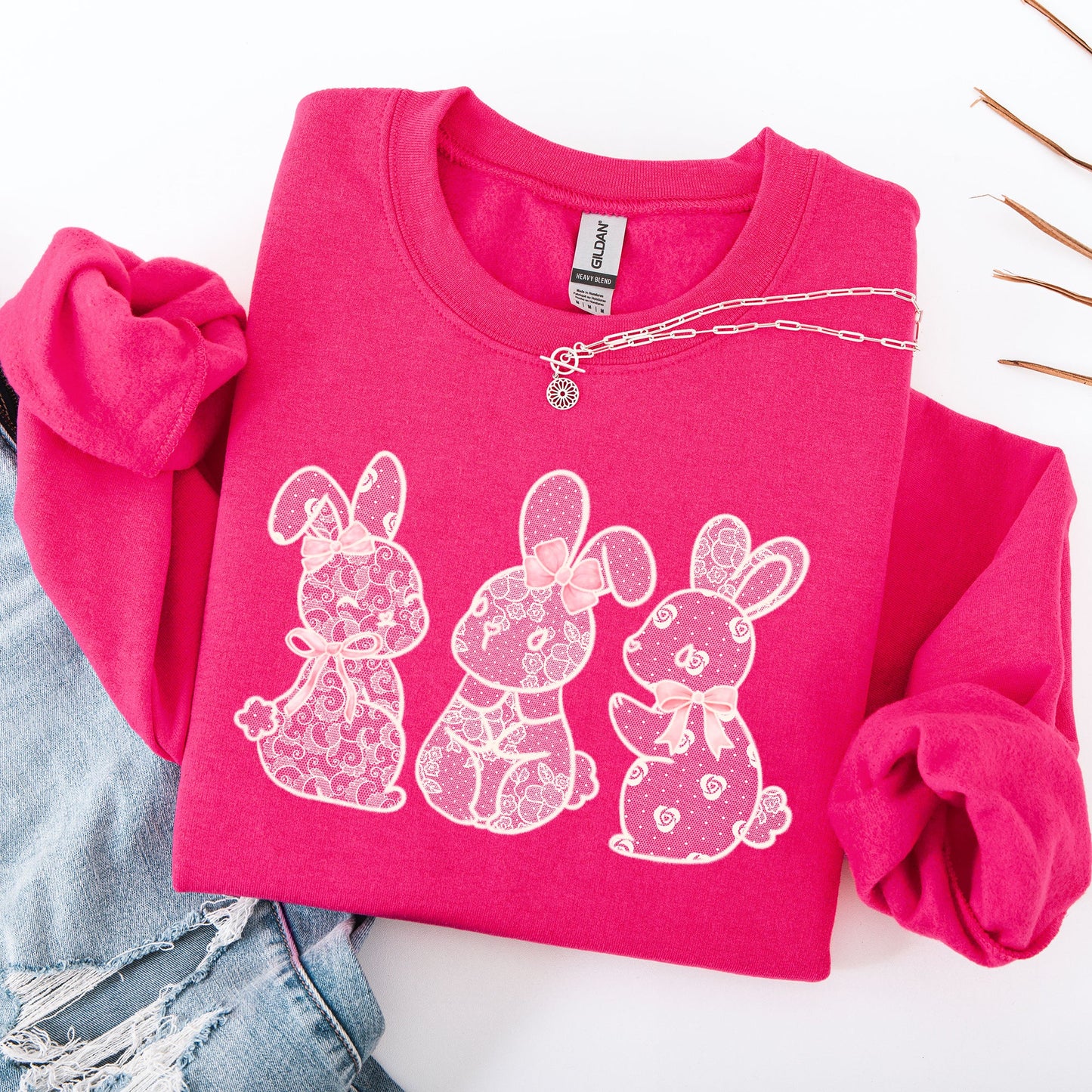 Faux Lace Bunny, Coquette, Ribbons, In A Row, Easter, Bunny, Jesus, Rabbit, Holiday Sweatshirt