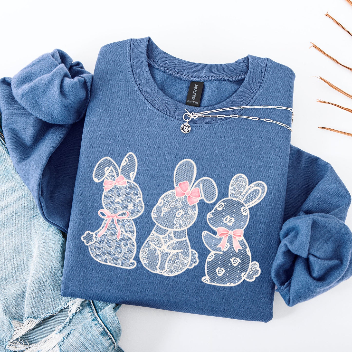 Faux Lace Bunny, Coquette, Ribbons, In A Row, Easter, Bunny, Jesus, Rabbit, Holiday Sweatshirt