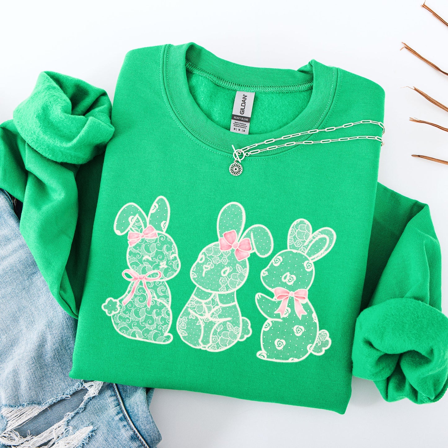 Faux Lace Bunny, Coquette, Ribbons, In A Row, Easter, Bunny, Jesus, Rabbit, Holiday Sweatshirt