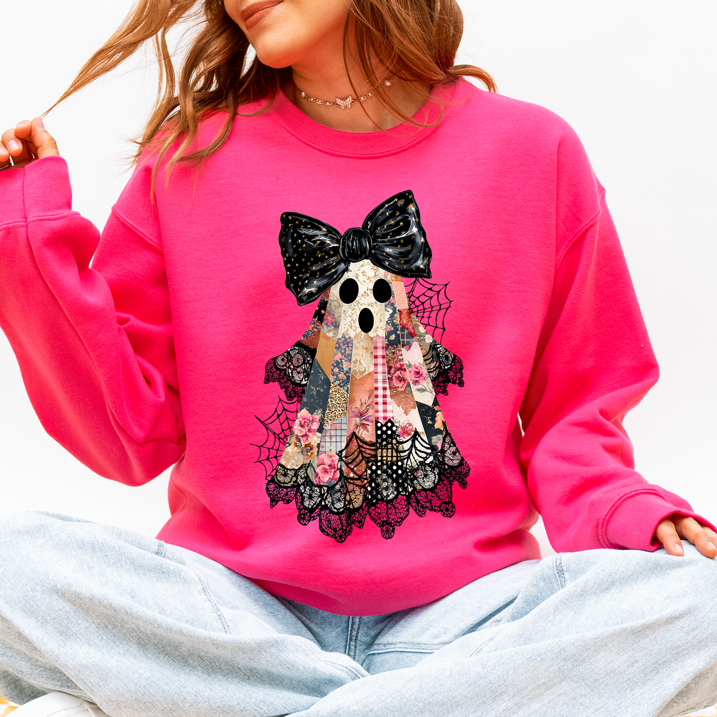Faux Patchwork Lace Ghost Shirt, Patchwork Ghost, Lace Ghost, Retro Halloween, Spooky Season, Coquette Ghost, Halloween Sweatshirt