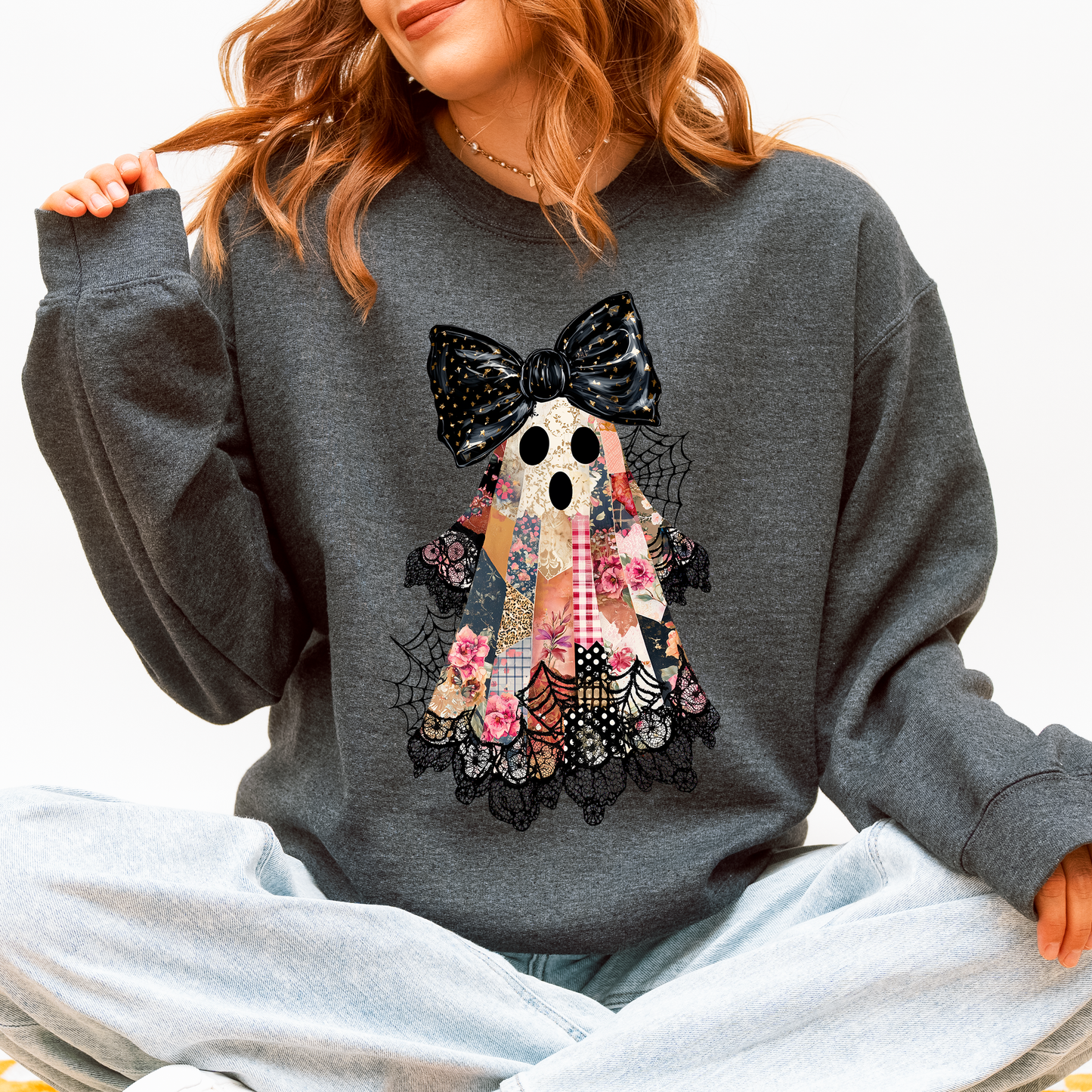 Faux Patchwork Lace Ghost Shirt, Patchwork Ghost, Lace Ghost, Retro Halloween, Spooky Season, Coquette Ghost, Halloween Sweatshirt
