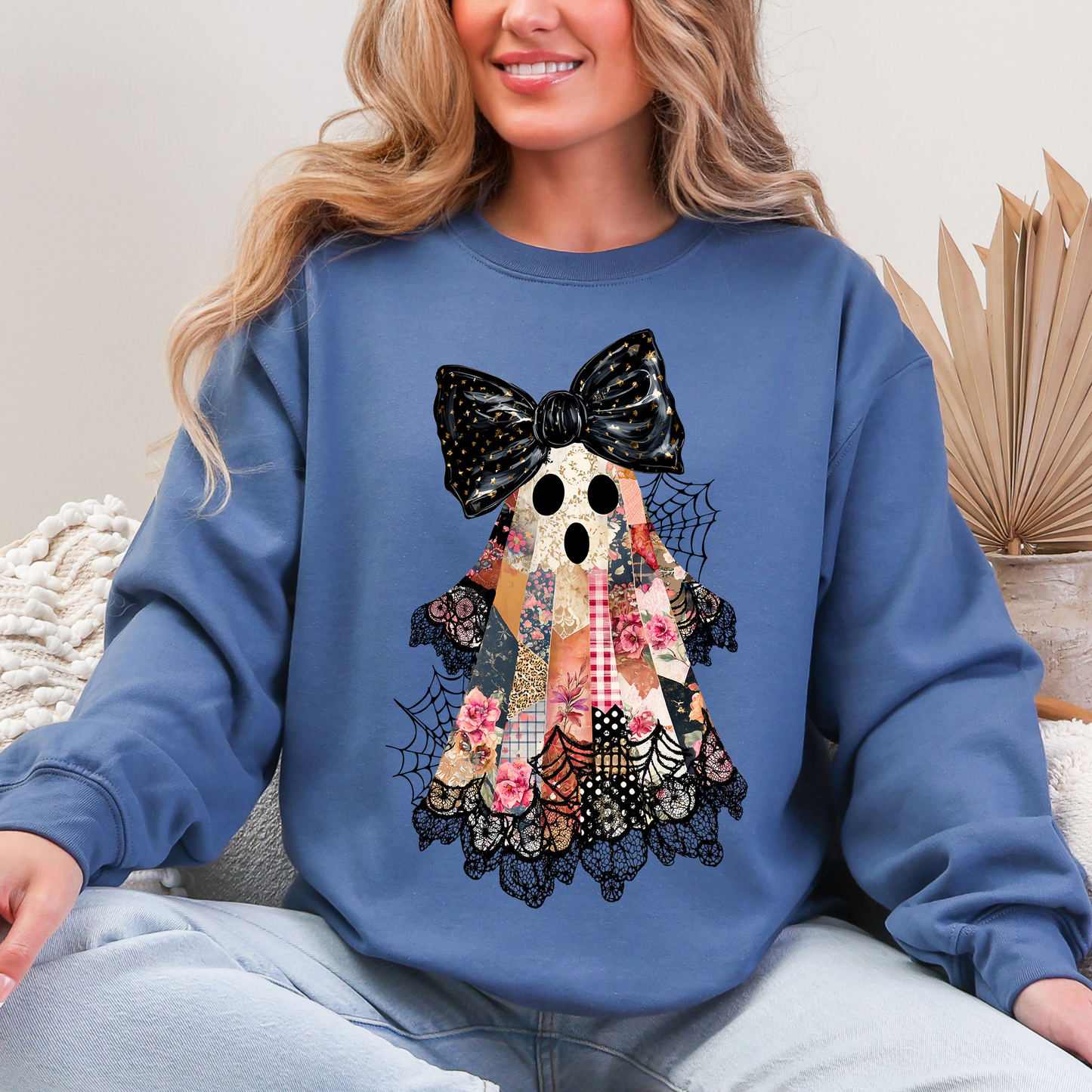 Faux Patchwork Lace Ghost Shirt, Patchwork Ghost, Lace Ghost, Retro Halloween, Spooky Season, Coquette Ghost, Halloween Sweatshirt