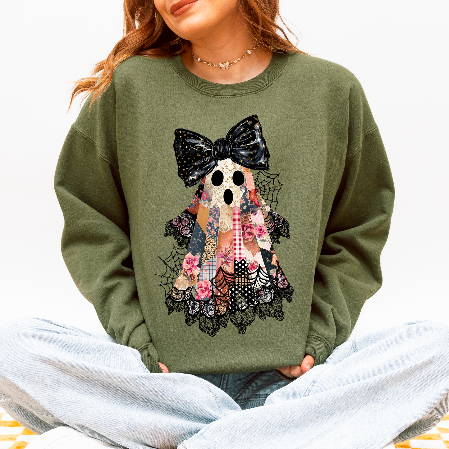Faux Patchwork Lace Ghost Shirt, Patchwork Ghost, Lace Ghost, Retro Halloween, Spooky Season, Coquette Ghost, Halloween Sweatshirt