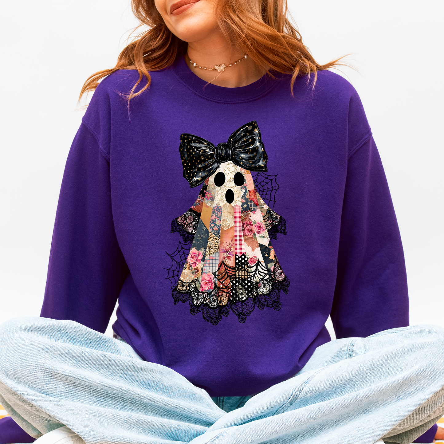 Faux Patchwork Lace Ghost Shirt, Patchwork Ghost, Lace Ghost, Retro Halloween, Spooky Season, Coquette Ghost, Halloween Sweatshirt