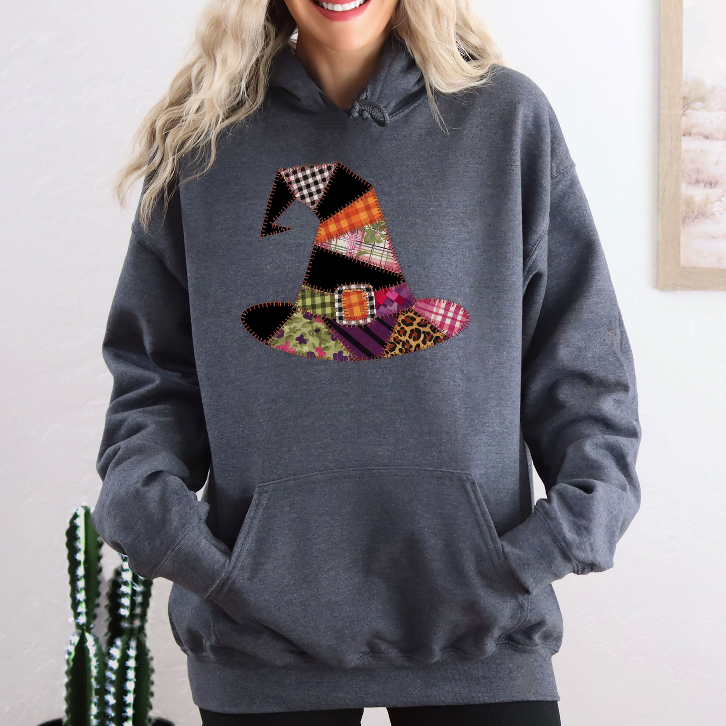 Faux Patchwork Witch Hat, Patchwork Halloween Shirt, Spooky Season, Witchy Vibes, Graphic Hoodie, Hooded Sweatshirt