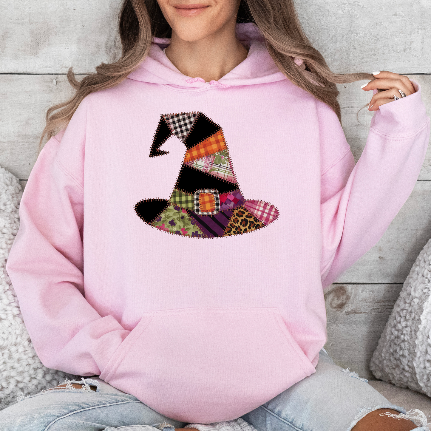 Faux Patchwork Witch Hat, Patchwork Halloween Shirt, Spooky Season, Witchy Vibes, Graphic Hoodie, Hooded Sweatshirt
