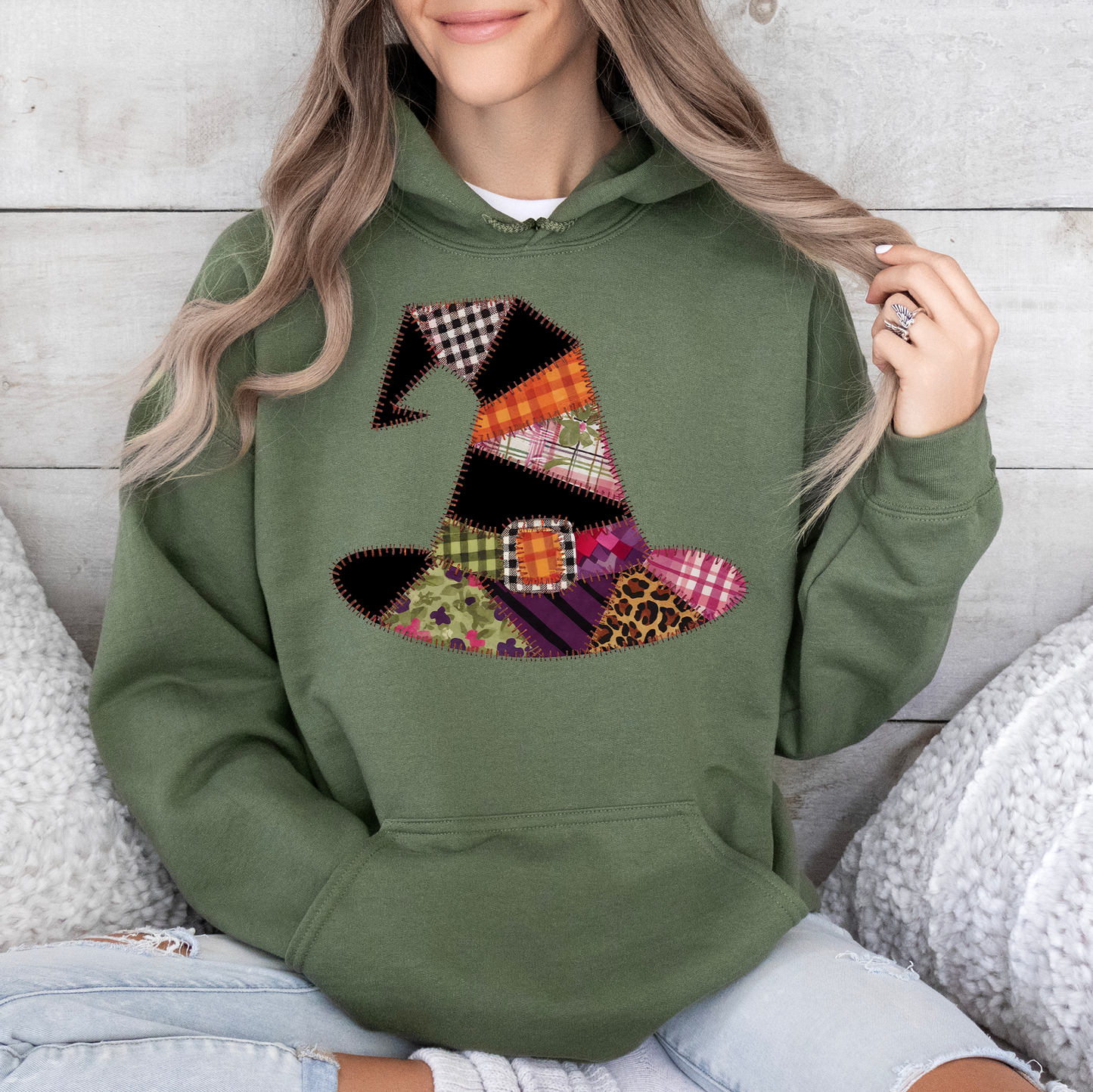 Faux Patchwork Witch Hat, Patchwork Halloween Shirt, Spooky Season, Witchy Vibes, Graphic Hoodie, Hooded Sweatshirt