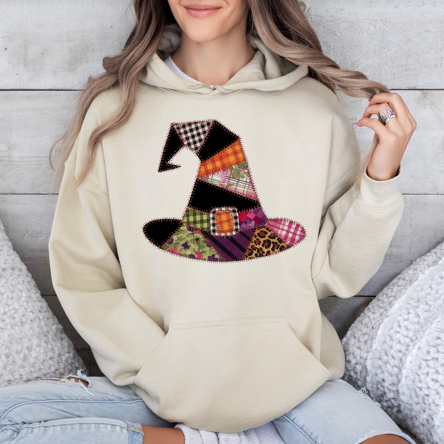 Faux Patchwork Witch Hat, Patchwork Halloween Shirt, Spooky Season, Witchy Vibes, Graphic Hoodie, Hooded Sweatshirt