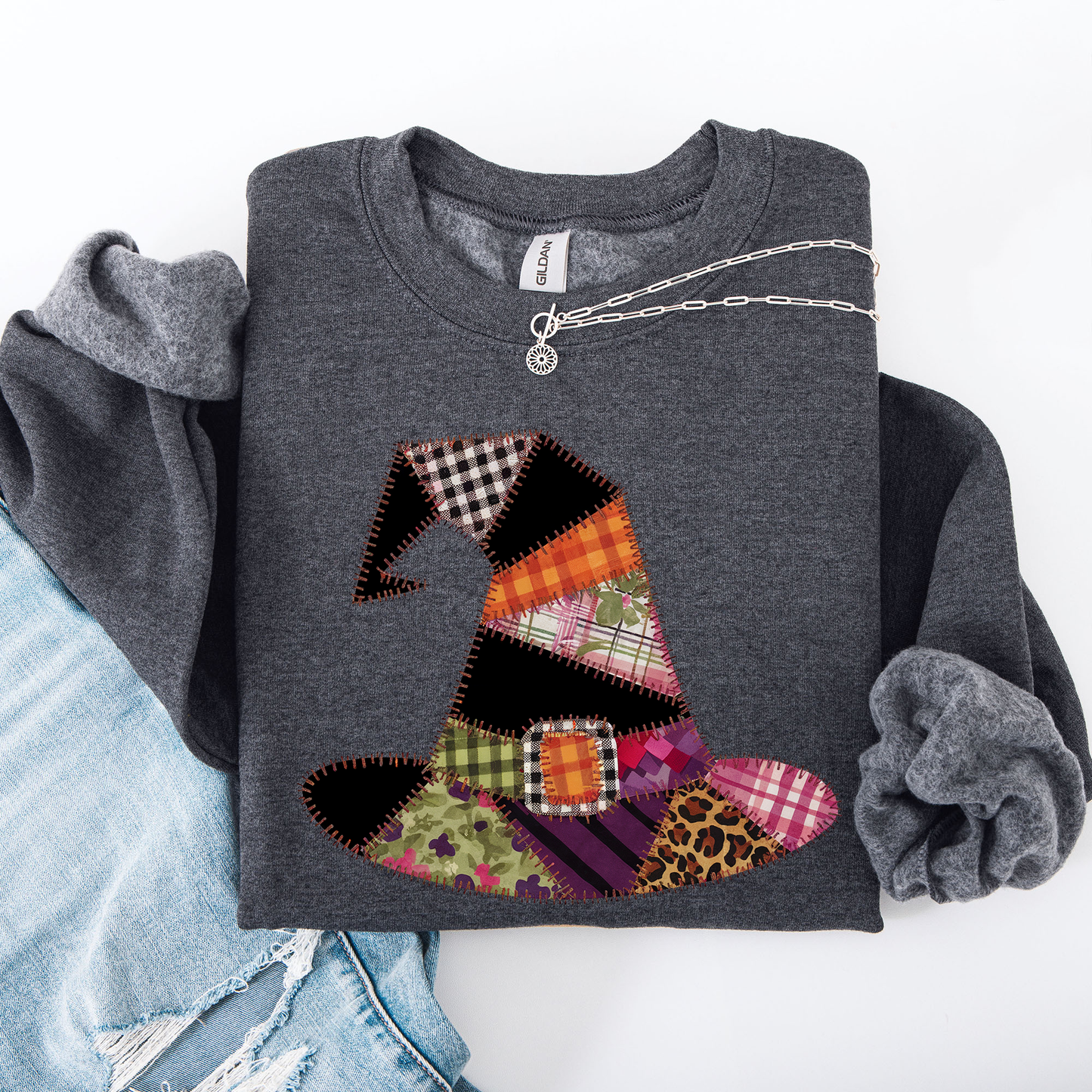 Faux Patchwork Witch Hat, Patchwork Halloween Shirt, Spooky Season, Witchy Vibes, Halloween Sweatshirt