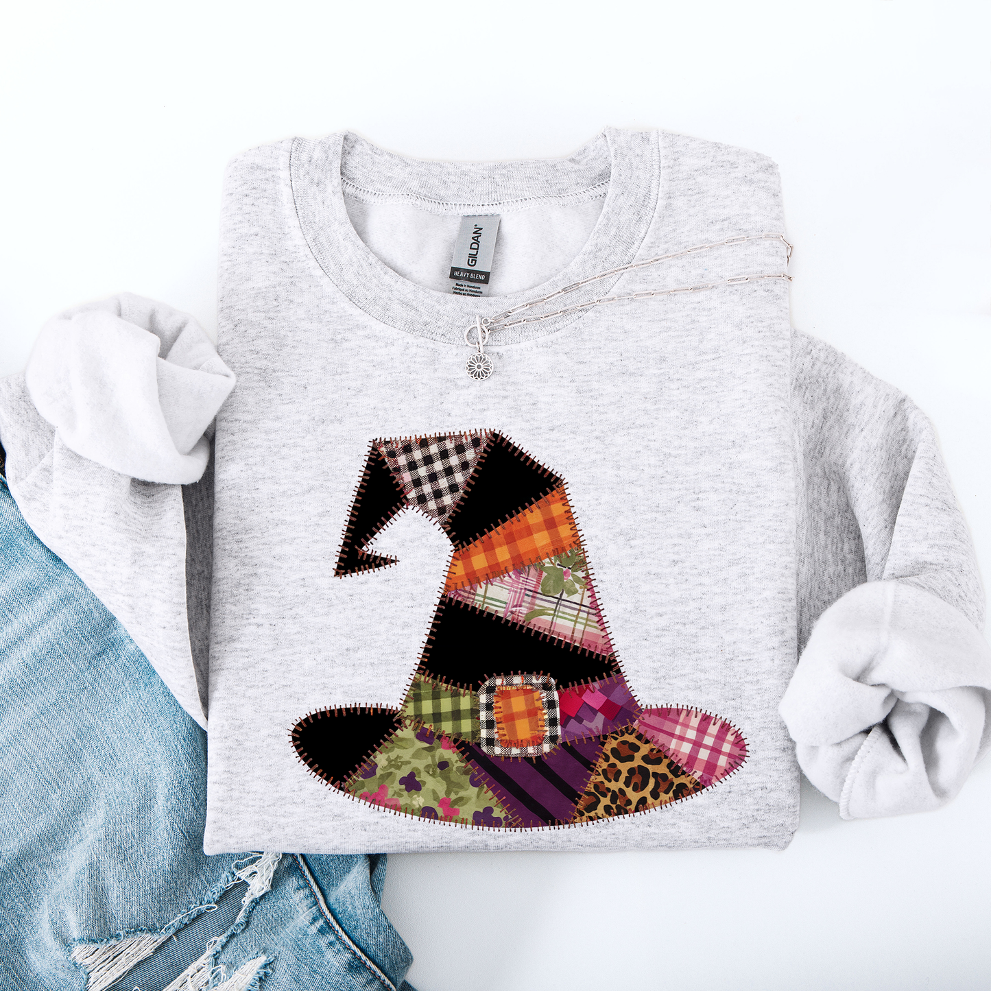 Faux Patchwork Witch Hat, Patchwork Halloween Shirt, Spooky Season, Witchy Vibes, Halloween Sweatshirt