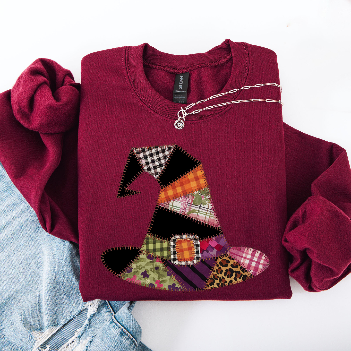 Faux Patchwork Witch Hat, Patchwork Halloween Shirt, Spooky Season, Witchy Vibes, Halloween Sweatshirt