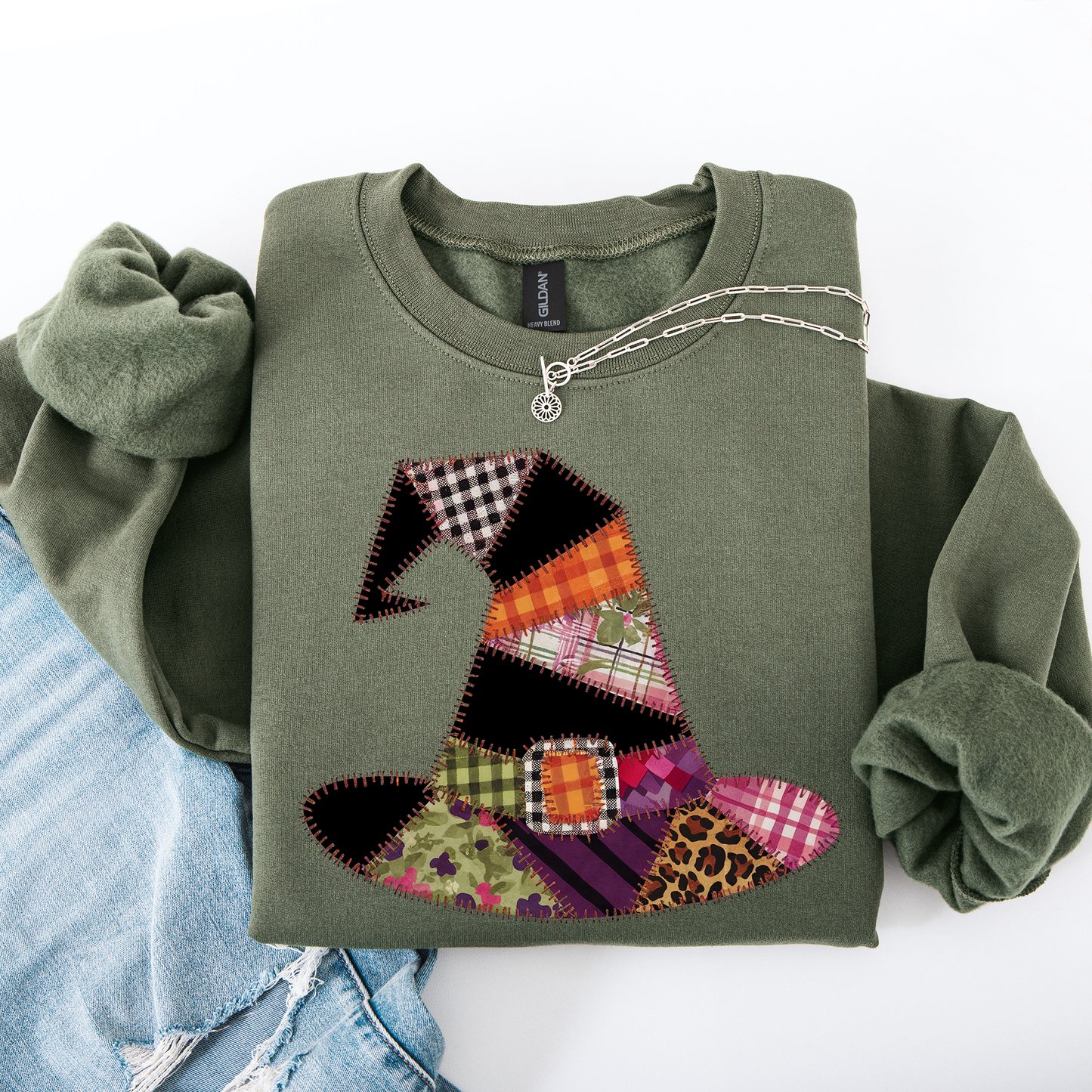 Faux Patchwork Witch Hat, Patchwork Halloween Shirt, Spooky Season, Witchy Vibes, Halloween Sweatshirt