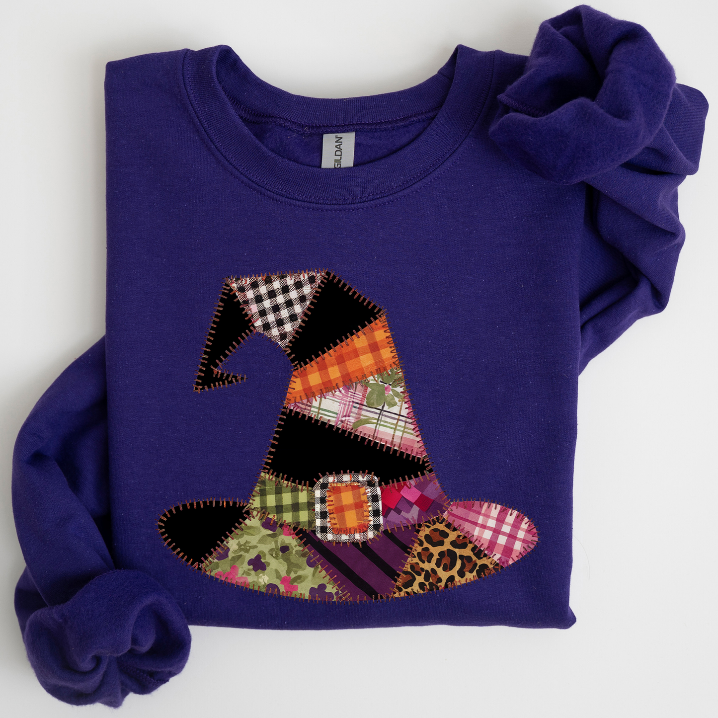 Faux Patchwork Witch Hat, Patchwork Halloween Shirt, Spooky Season, Witchy Vibes, Halloween Sweatshirt
