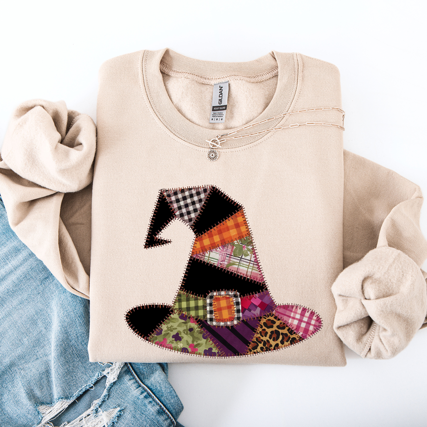 Faux Patchwork Witch Hat, Patchwork Halloween Shirt, Spooky Season, Witchy Vibes, Halloween Sweatshirt