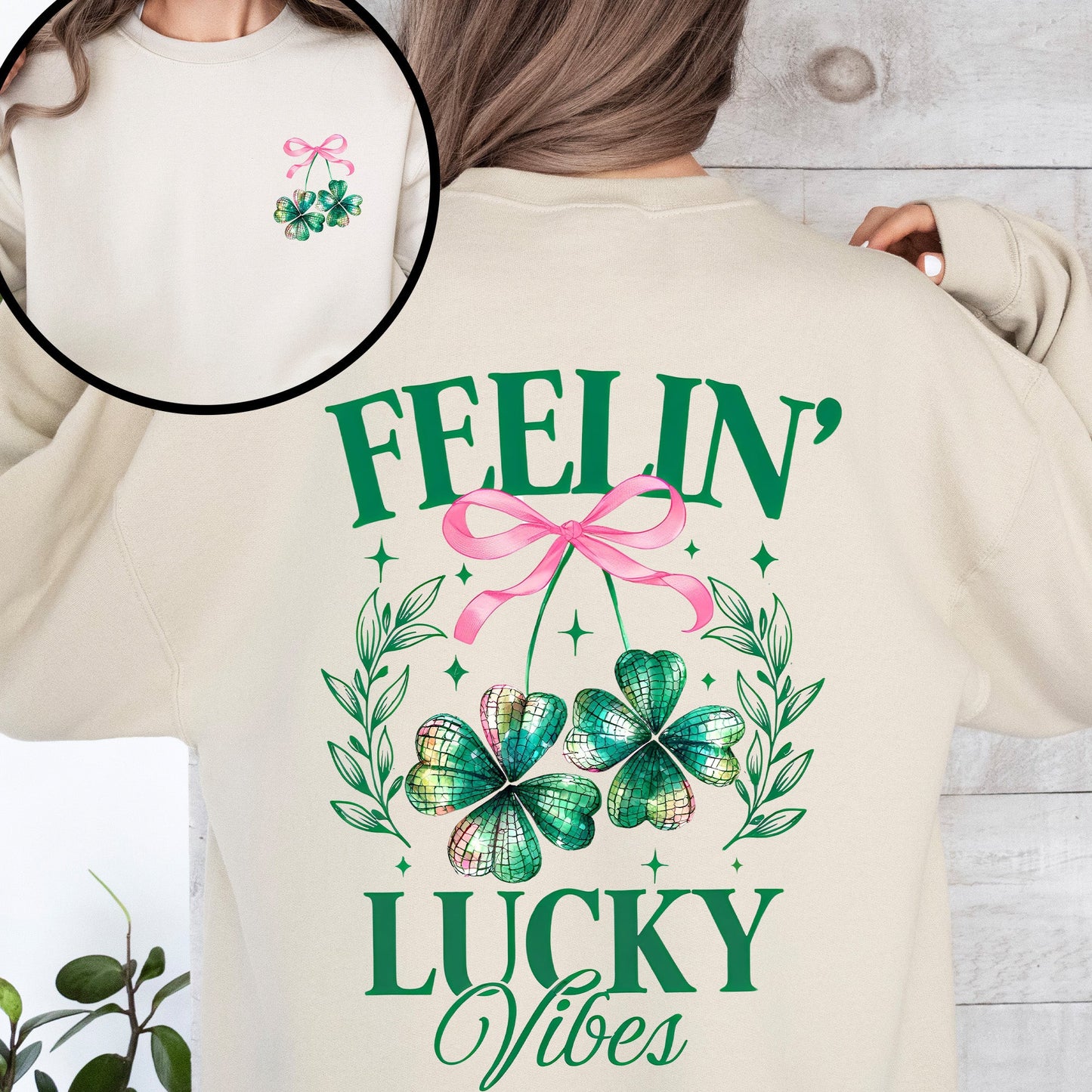 Feelin Lucky Vibes, Coquette, St Patrick's Day, Shamrock, Clover, Lucky, Leprechaun Sweatshirt
