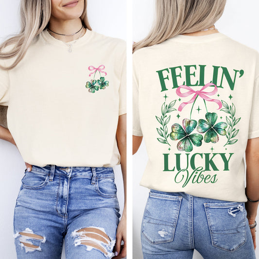 Feelin Lucky Vibes, Coquette, St Patrick's Day, Shamrock, Clover, Lucky, Leprechaun Tshirt Comfort Colors T-Shirt