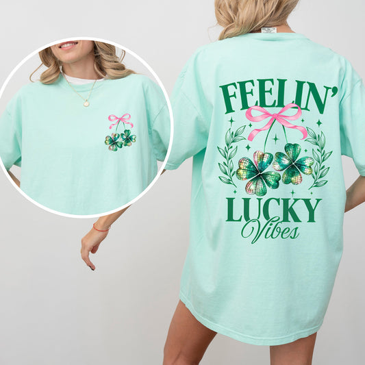 Feelin Lucky Vibes, Coquette, St Patrick's Day, Shamrock, Clover, Lucky, Leprechaun Tshirt Comfort Colors T-Shirt