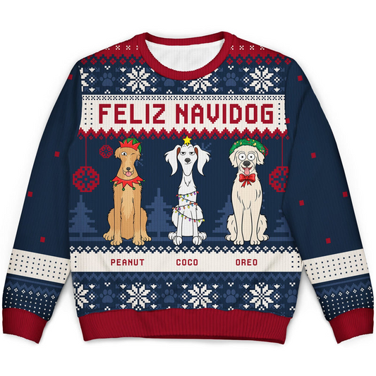 Feliz Navidog Merry Woofmas Funny Cartoon Dogs - Personalized Custom Ugly Sweater - Christmas Gift For Dog Lovers, Dog Moms, Dog Dads
