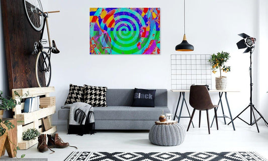 Modern living room with a colorful spiral painting on the wall