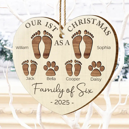 First Christmas As A Family Of Four Footprints - Personalized Wood Ornament - Babies 1st Christmas Gifts