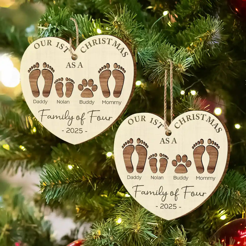 First Christmas As A Family Of Four Footprints - Personalized Wood Ornament - Babies 1st Christmas Gifts