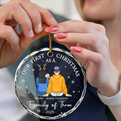 First Christmas As A Family Of Three New Parents - Personalized Circle Glass Ornament - Babies 1st Christmas Gifts