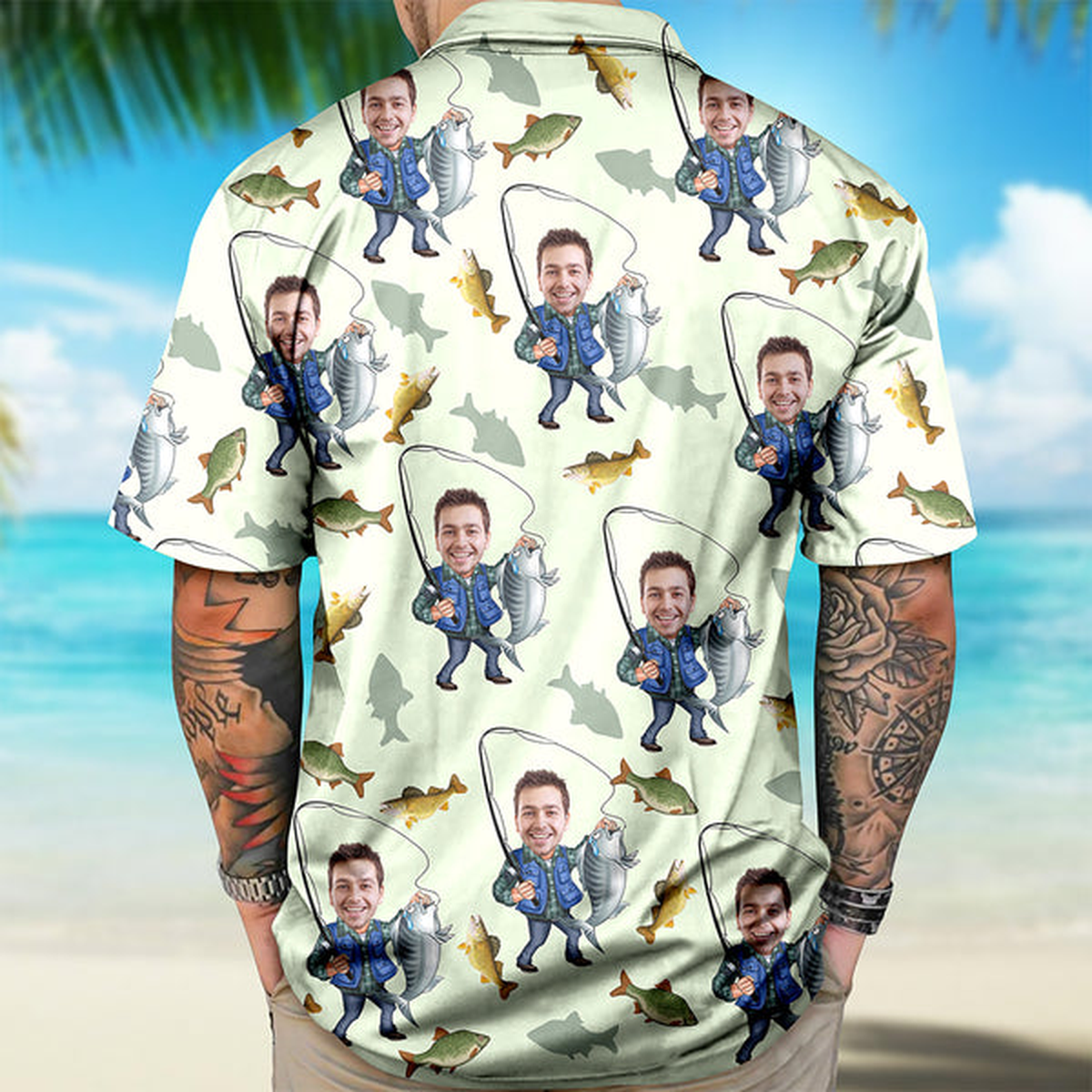 Custom Photo Human Face Bass Fishing Hawaii Shirt - Personalized Gifts for Fisherman, Fishing Lovers