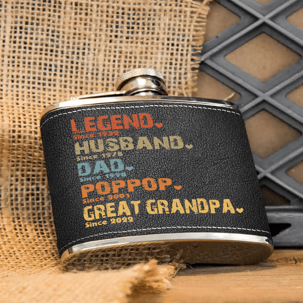 The Amazing Journey Of A Man - Personalized Custom Year Leather Hip Flask - Father's Day Gift for Family Members Grandpa, Dad, Boyfriend, Husband, Uncle