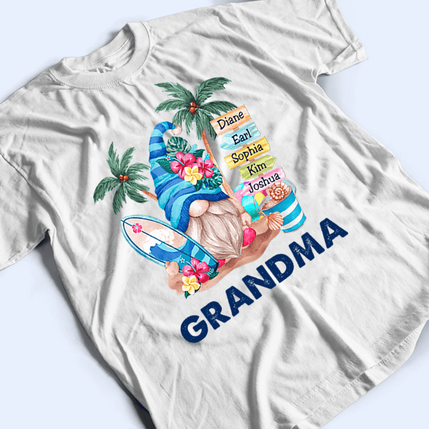 Grandma Gnome Surfboards Summer Vacation - Personalized Custom T Shirt - Summer Gift for Grandma/Nana/Mimi, Mom, Wife, Grandparent