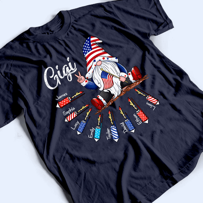 Fourth 4th Of July Gnome Grandma's Firecrackers - Personalized Custom Kids Names T Shirt - Independence Day, Birthday, Loving, Funny Gift for Patriotic Grandma/Nana/Mimi, Mom, Wife, Grandparent