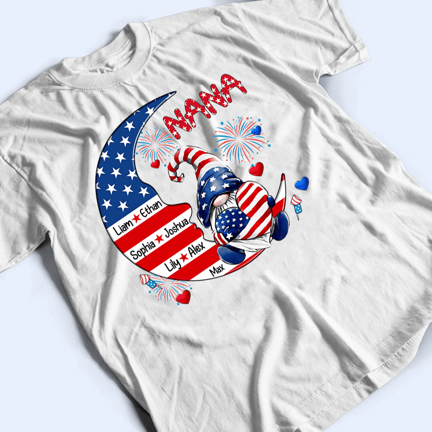 Fourth 4th Of July Grandma Patriotic Gnome - Personalized Custom Kids Names T Shirt - Independence Day, Birthday, Loving, Funny Gift for Grandma/Nana/Mimi, Mom, Wife, Grandparent