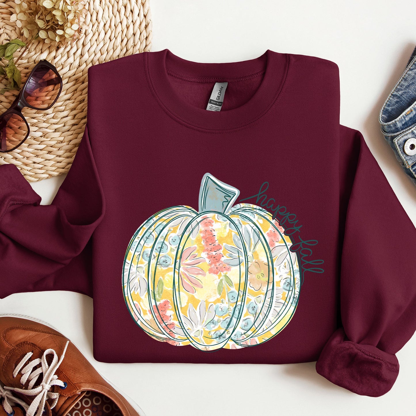 Floral Pumpkin, Happy Fall, Pastels, Flowers, Autumn, Thanksgiving Sweatshirt