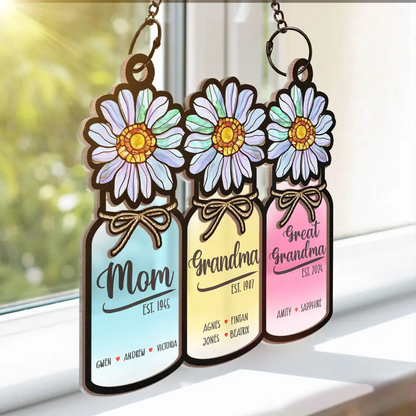 Flower Mason Jar Mom Grandma Great Grandma - Personalized Window Hanging Suncatcher Ornament - Gift For Mom, Mama, Mommy, Grandma