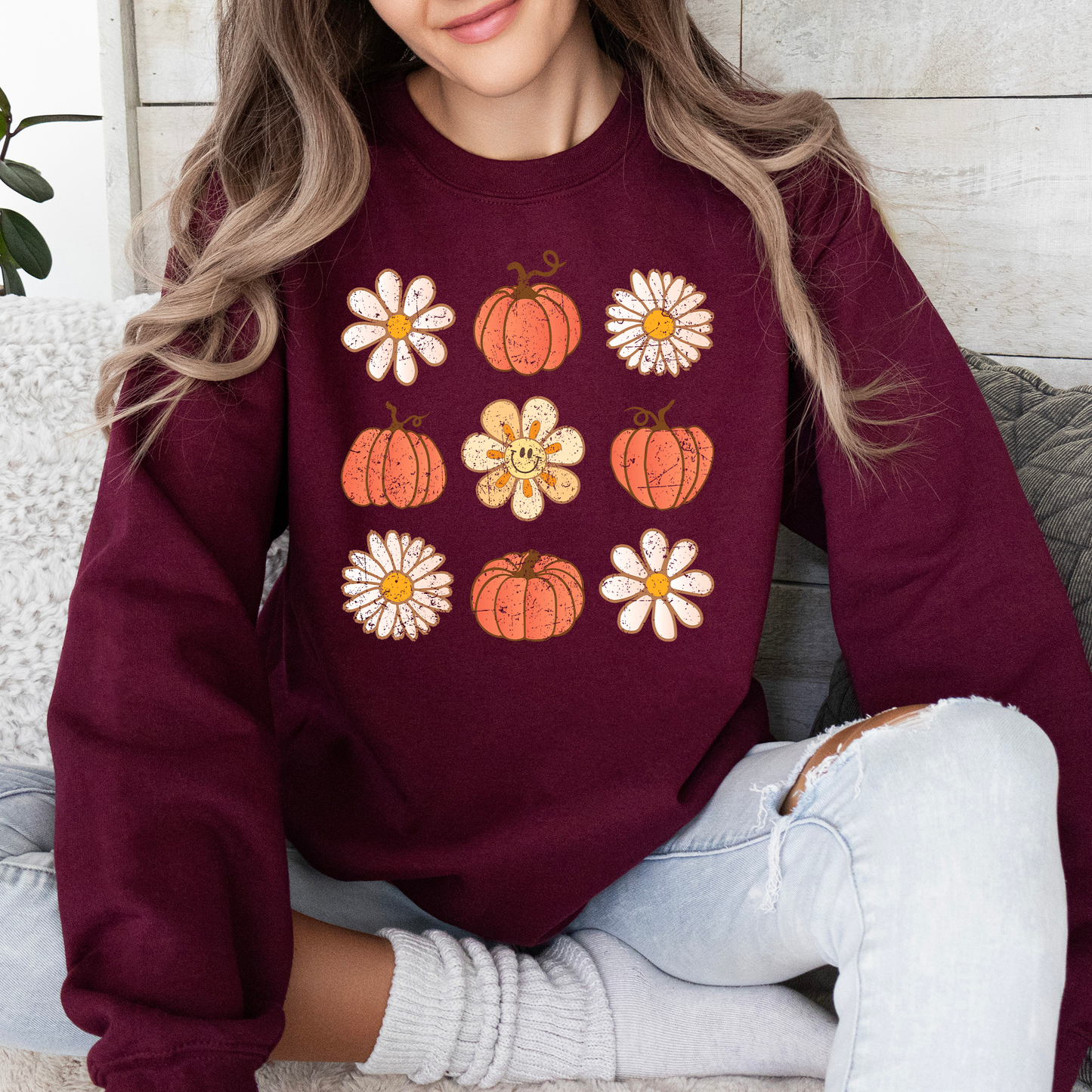 Flowers and Pumpkins, Minimalist Autumn, Fall, Halloween Sweatshirt