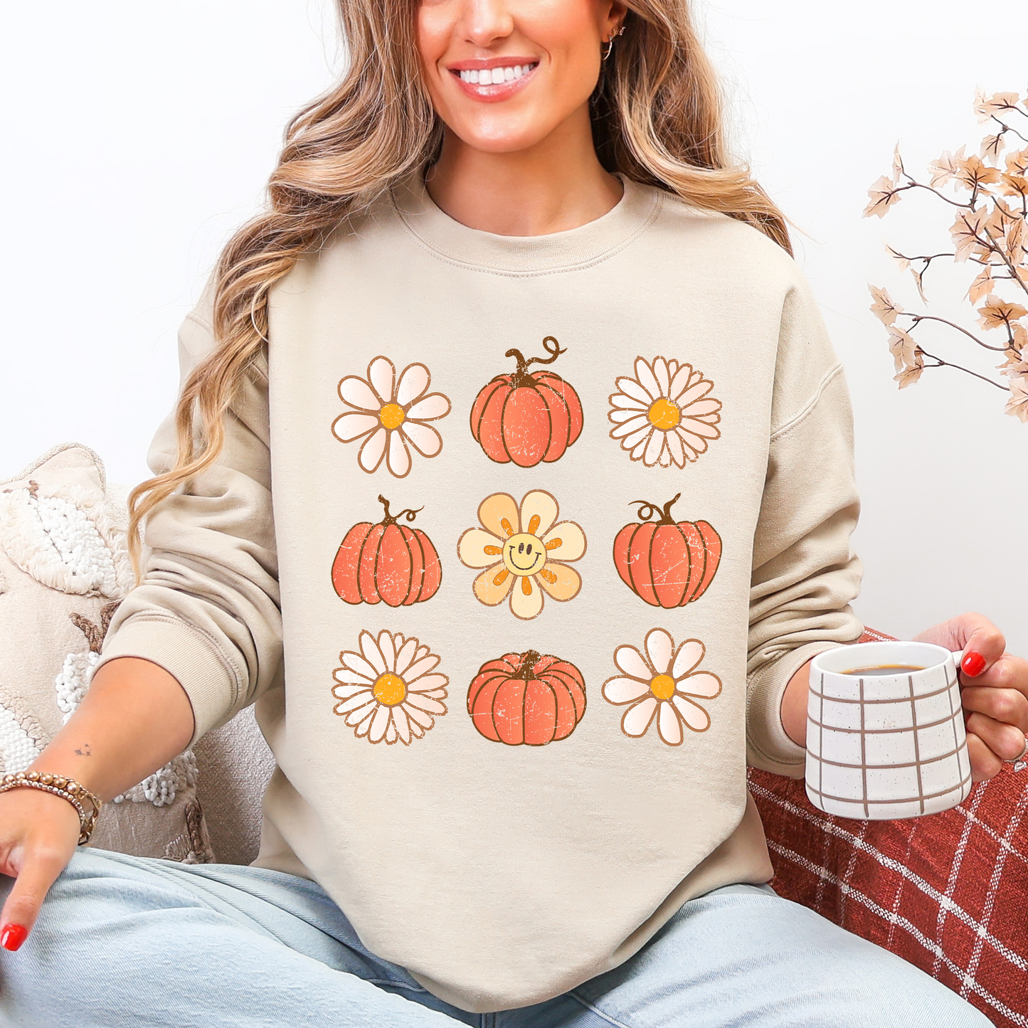 Flowers and Pumpkins, Minimalist Autumn, Fall, Halloween Sweatshirt