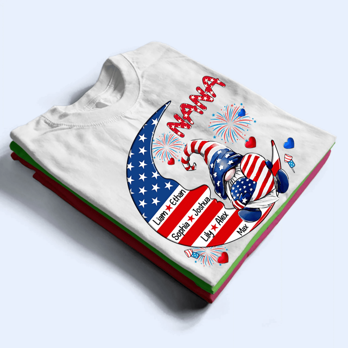 Fourth 4th Of July Grandma Patriotic Gnome - Personalized Custom Kids Names T Shirt - Independence Day, Birthday, Loving, Funny Gift for Grandma/Nana/Mimi, Mom, Wife, Grandparent