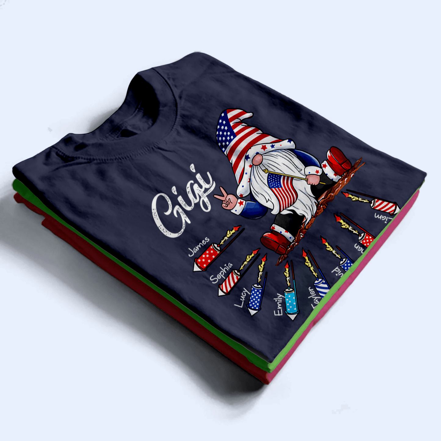 Fourth 4th Of July Gnome Grandma's Firecrackers - Personalized Custom Kids Names T Shirt - Independence Day, Birthday, Loving, Funny Gift for Patriotic Grandma/Nana/Mimi, Mom, Wife, Grandparent