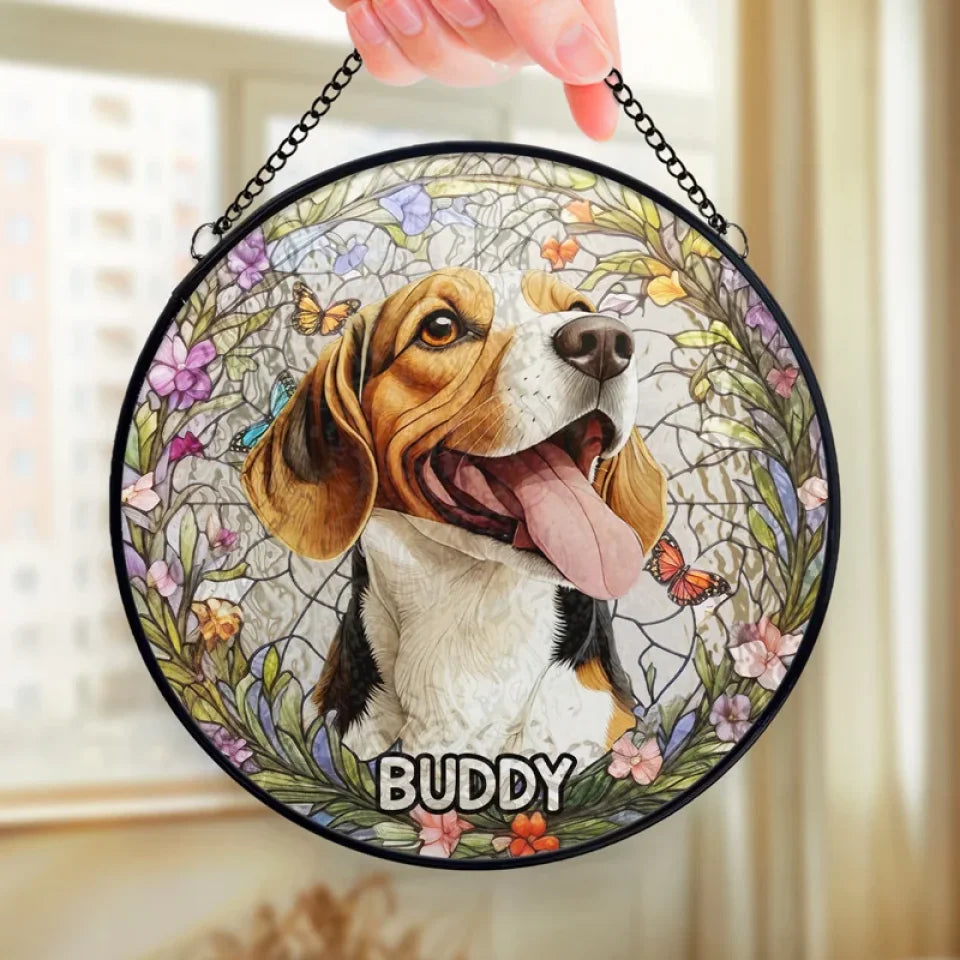 Custom Photo Forever In My Heart, Dear Friend - Personalized Stained Glass Window Hanging Suncatcher - Memorial Gift For Dog Lovers, Cat Lovers, Pet Lovers