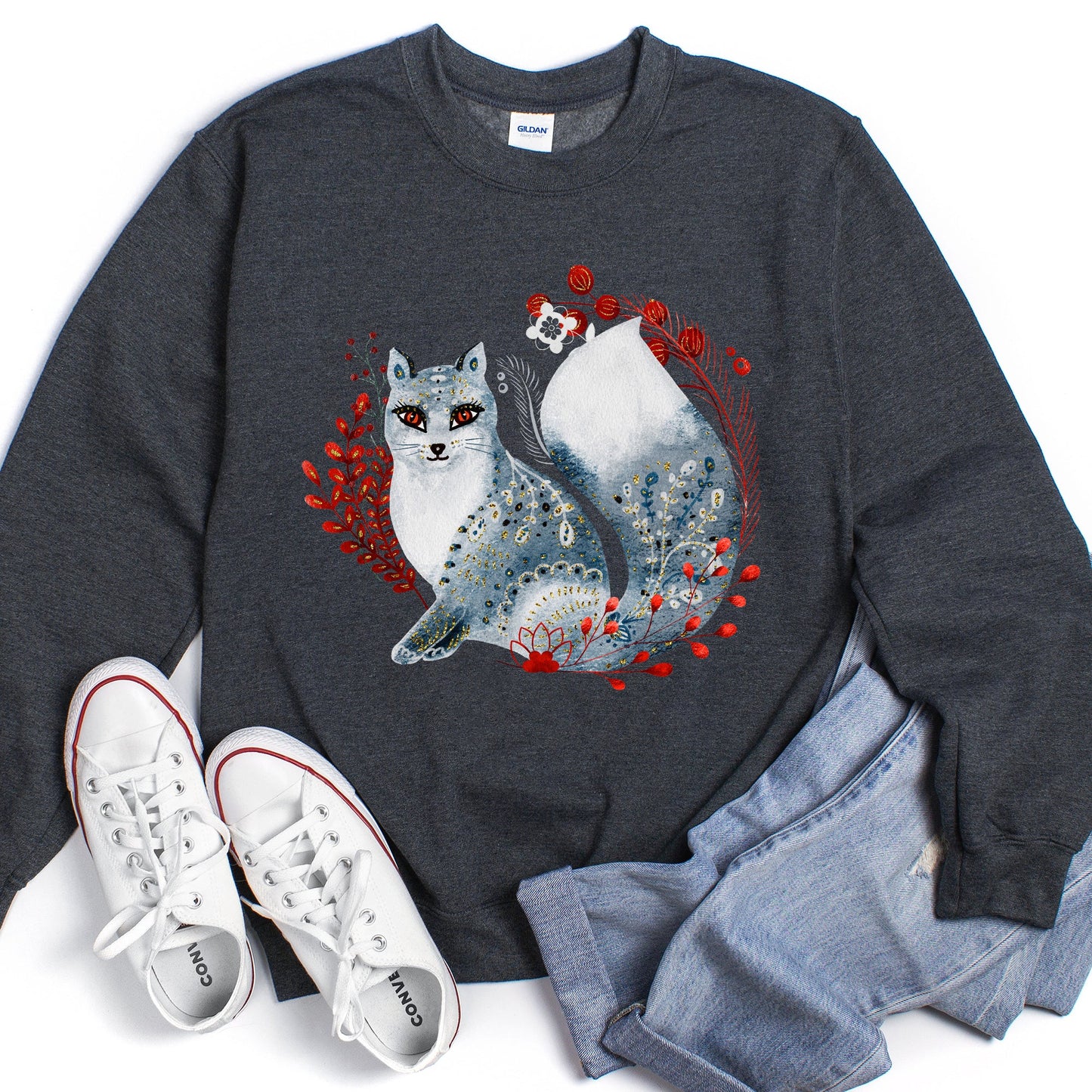 Fox, Folk Art Scandinavian Christmas Sweatshirt